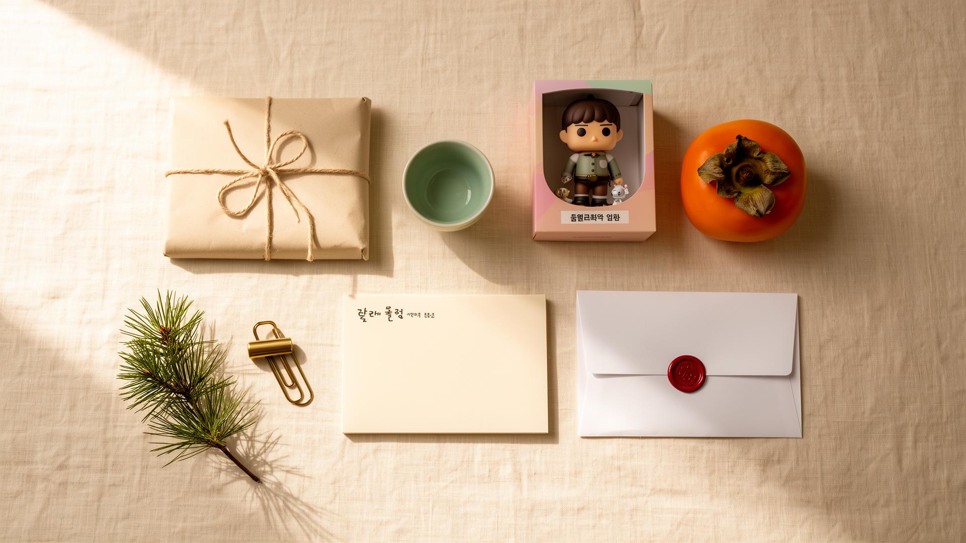 Korean lifestyle objects: parcels, ceramics, collectibles arranged on cream linen